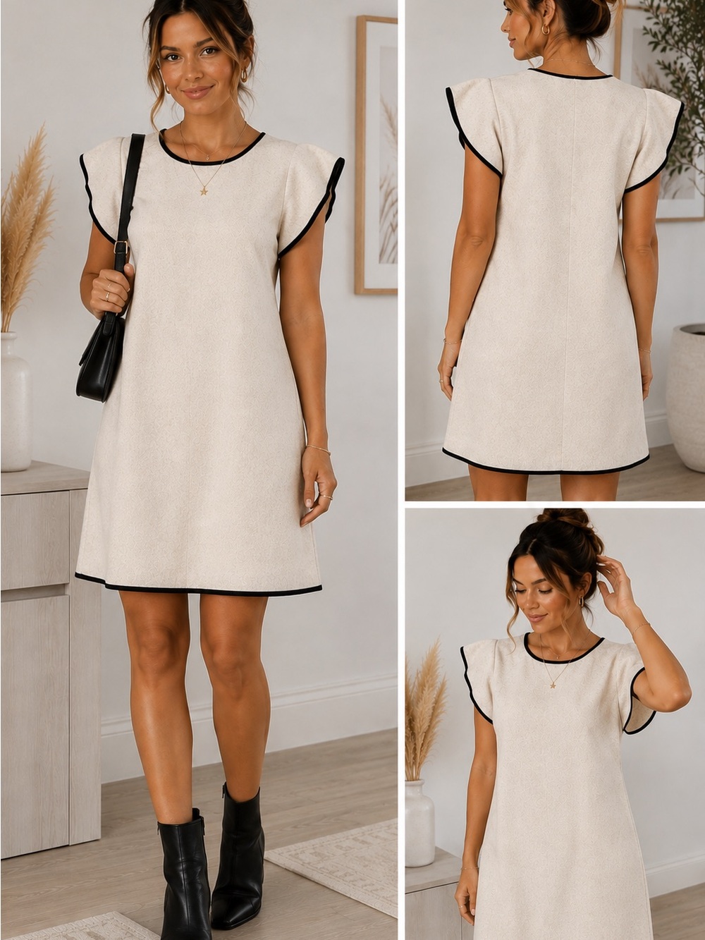 THML Cream Black Contrast Flutter Sleeve Shift Dress M